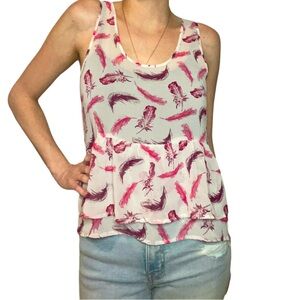 Kirra Sheer Pink Feather Print Sleeveless Peplum Top Women’s Size Small